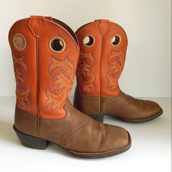JUSTIN Stampede Kids Tan & Sunrise Dusty Leather Square Toe Western Boots 4 D - Picture 1 of 11